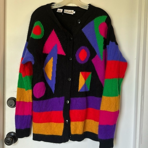 Vintage color block button front cardigan sweater angora lambswool Rafaella L